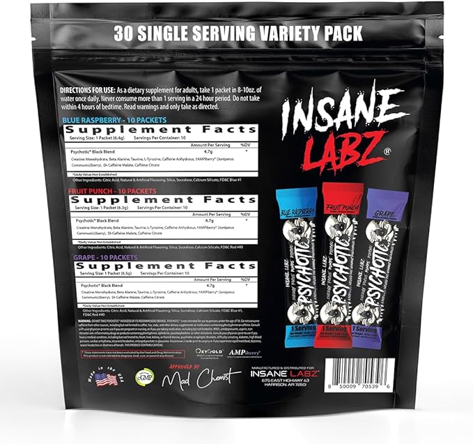 Insane Labz Psychotic Black Edition Mid Stimulant Pre Workout Powder, Energy Focus Pumps, Loaded with Creatine Beta Alanine Taurine Fueled by AMPiberry, Variety 30 Servings