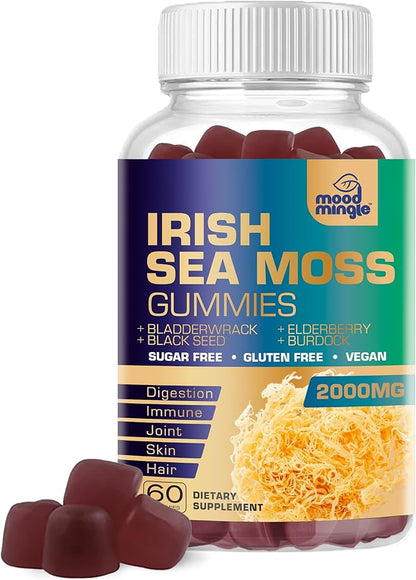 Irish Sea Moss 2000mg Gummies - Bladderwrack Burdock Elderberry Black Seed Turmeric Omega-3 Vitamins C D3 Zinc - Seamoss Supplements for Adults Kids - Vegan Sugar Gluten Free Chewable Gummy