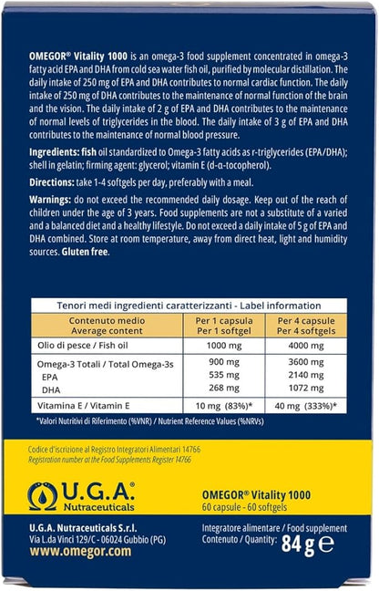OMEGOR Omega 3 Fish Oil Supplement IFOS Certified Vitality 1000 with 800mg EPA and DHA per Capsule - No Fishy Aftertaste, Non-GMO (60 Softgels)