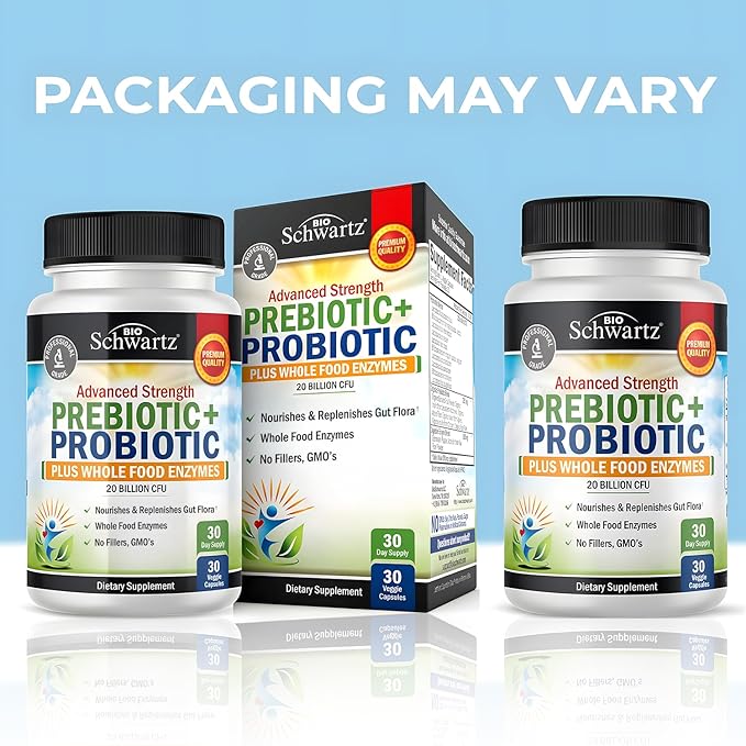 BioSchwartz Prebiotics and Probiotics for Men & Women, Gut Health with Lactobacillus Reuteri, Inulin Prebiotic Fiber, Digestive Enzymes, Non-GMO, Gluten-Free, Dairy-Free, Shelf-Stable, 30 CT