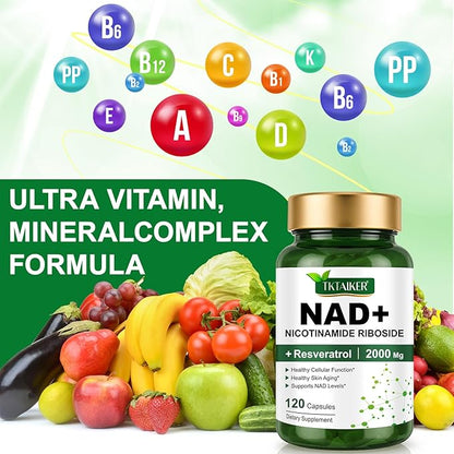 NAD Supplement 2000 Mg - 120 Capsules True NAD & Resveratrol, NMN Alternative Liposomal NAD+ for Women & Men, Support Cellular Health, Stamina & Healthy Aging - Ultra Strength Capsules