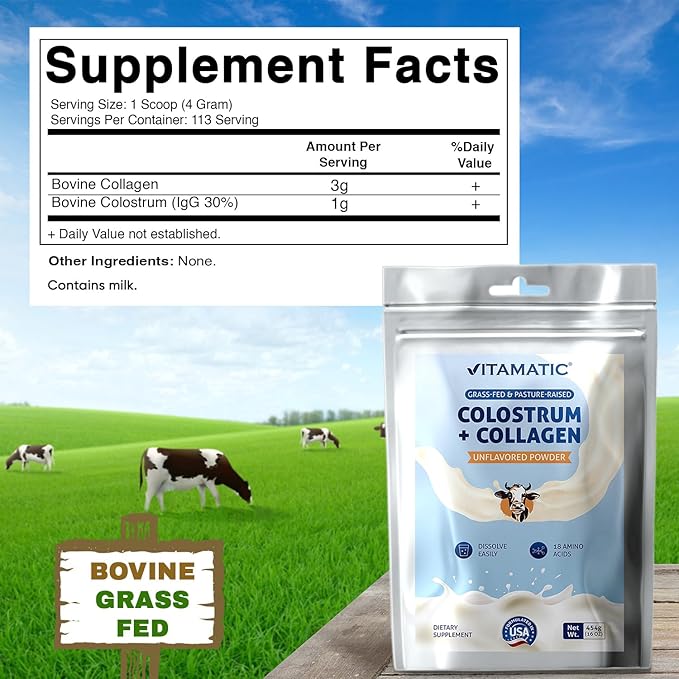 Vitamatic Bovine Colostrum + Collagen Powder - Supplement for Gut Health, Hair Growth, Beauty, Muscle Recovery, & Immune Support - Easy to Mix - Unflavored - 454 Gram, (16 oz)
