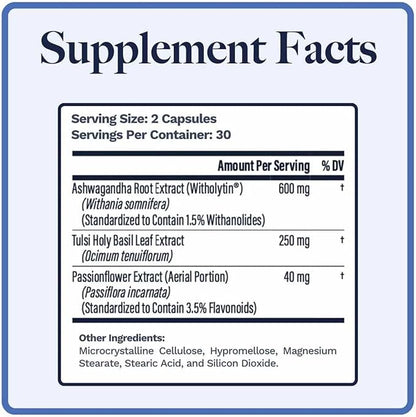 Adapto-Calm | Stress Support Formula | with Ashwagandha, Tulsi Holy Basil, and Passionflower | 60 Capsules