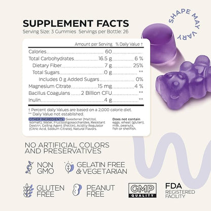High Prebiotic Fiber Gummies for Women and Men 7G per Serving - Dietary Beet FOS Fiber, Magnesium Citrate, Inulin, Probiotic - Gummy Supplement for Digestive Health - No GMO, Sugar Free - 160 pcs