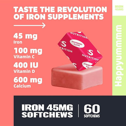 Iron Soft Chews Supplement with Vitamin C | Strawberry Flavored | Gluten Free | Iron Supplement for Women Men and Kids | 60 Count | 2 Month Supply