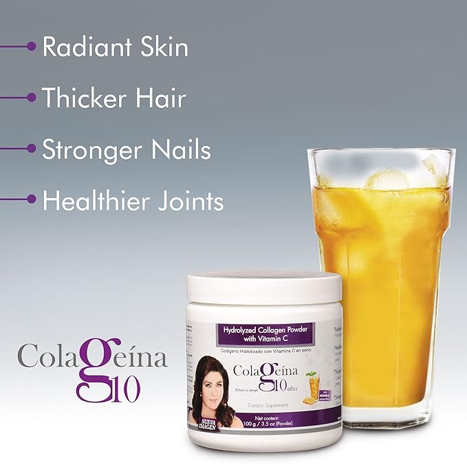 Colageina 10 Hydrolized Collagen Powder with Vitamin C, Anti-Aging, Orange Flavor, Water-Soluble, 3.5 Oz, Jar 3.5 Oz Powder, Jar