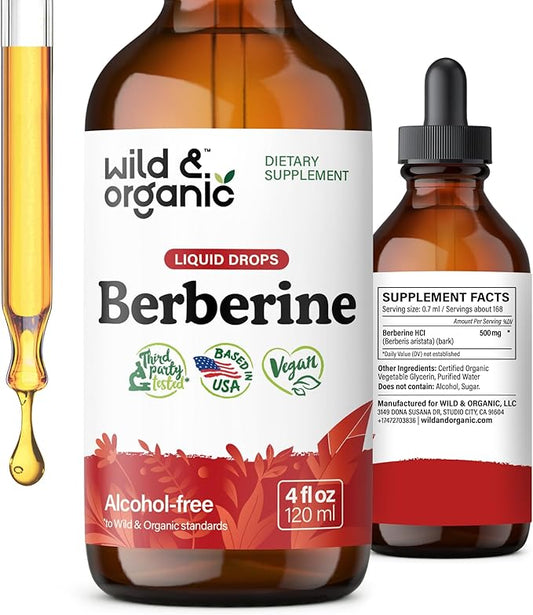Wild & Organic Berberine Drops 500mg - Liquid Berberine Supplement HCL for Overall Support - Pure Extract Tincture - Vegan, Alcohol & Sugar-Free - 4 fl oz