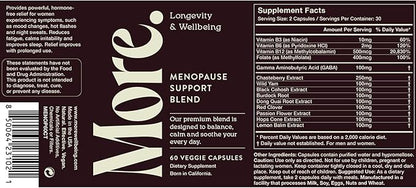 More. Longevity & Wellbeing Menopause Support – Potent Extract-Based Formula for Night Sweats, hot Flashes, and Balance. Hormone Free. No fillers. Third-Party Tested. 60 Capsules.