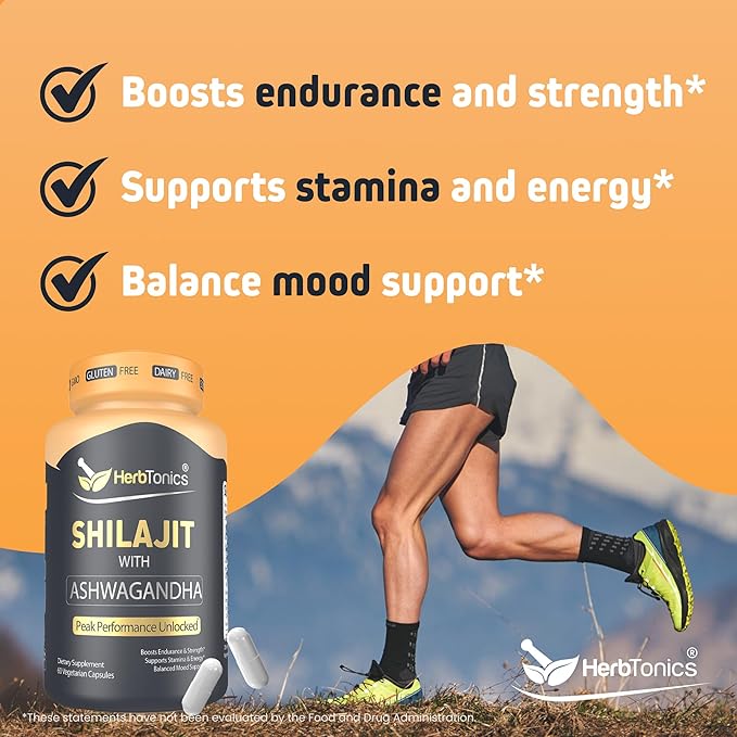 Herbtonics Shilajit for Men & Women with Ashwagandha, Korean Red Ginseng, Rhodiola Rosea, Ginkgo Biloba, Tongkat Ali | Fulvic Acid & Trace Minerals for Stamina & Immunity | 60 Vegan Capsules
