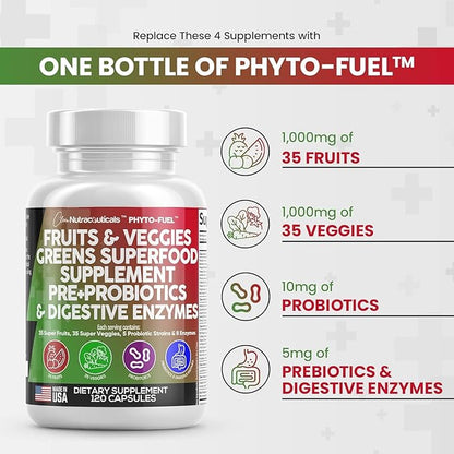 Clean Nutraceuticals Fruits and Veggies Supplement Reds & Green Superfood - Balance of Over 70 Fruit & Vegetable Supplements Capsules with Probiotics Prebiotics Digestive Enzymes - 2Pack