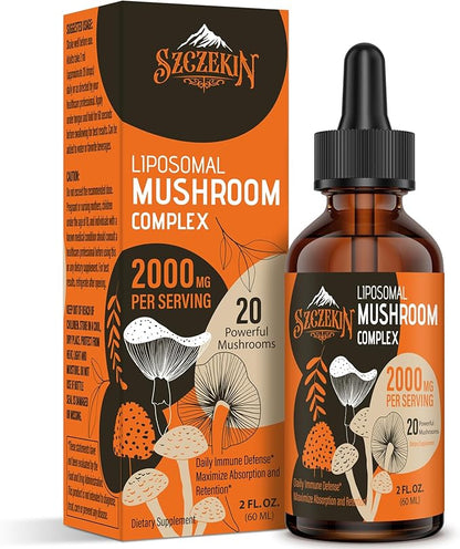 Liposomal Mushroom Complex Drops 2000 MG - 20 Organic Mushroom Extracts - Advanced Liquid Formula for Immunity, Cognitive and Memory - Lions Mane Supplement, Reishi, Cordyceps, Chaga, 30 Servings