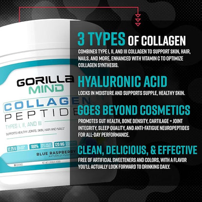 Gorilla Mind Collagen Peptides Powder - Joint & Bone Health/Great for Hair, Skin & Nails/Sleep Support/Types I, II, III/Mix in Water, Juice or a Smoothie - 426g (Mixed Berry)