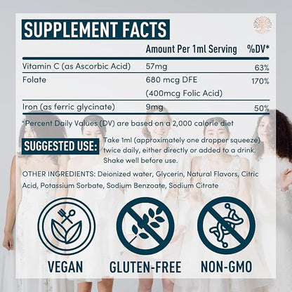 Liquid Iron Supplement for Women 2-Pack - Folic Acid, Vitamin C, Vegan Liquid Iron Supplements for Anemia, Menstruation, Pregnancy Support - Drops Orange Flavor - 2x2oz