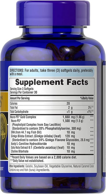 Puritan's Pride Neuro-PS® Gold Plus Neuro-Serine™ with Gingko Biloba and DHA, Advanced Dietary Supplement for Brain Function, Health, and Memory Support, 1 Month Supply, 90 Rapid Release Softgels