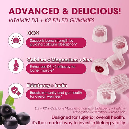 Vitamin D3 10000 IU + K2 (MK7) 200mcg w/Calcium Magnesium Zinc Elderberry & Inulin-Highly Bioavailable-Enhanced Absorption for Immune & Bone Support- K2 D3 Vitamin Supplement-Vegan Gummies