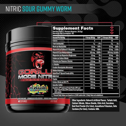 Gorilla Mode Nitric Upgraded Stimulant Free Pre-Workout – Best Tasting and Most Effective Stimulant Free Pre-Workout/Massive Pumps · Vasodilation · Power / 808 Grams (Sour Gummy Worms)