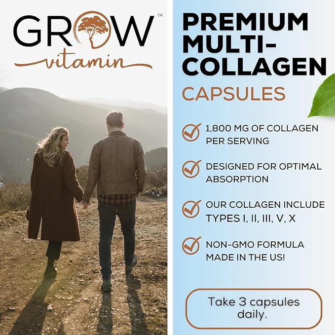 grow vitamin Multi Collagen Capsules, 1800MG (Types I, II, III, V & X) - Non-GMO, Grass Fed Collagen - Anti Aging Support for Hair, Skin, Nails - Protein Pills for Joint Support - 90 Capsules