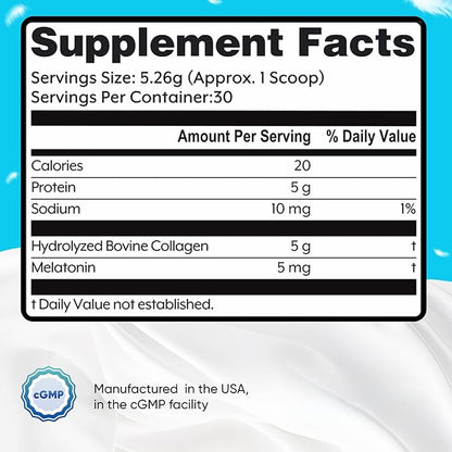 Melatonin 5 mg with Collagen Peptides Powder, Grass Fed, Hair, Skin, Nails and Sleep Support, Non GMO, Gluten Free, Unflavored, 5.56 oz