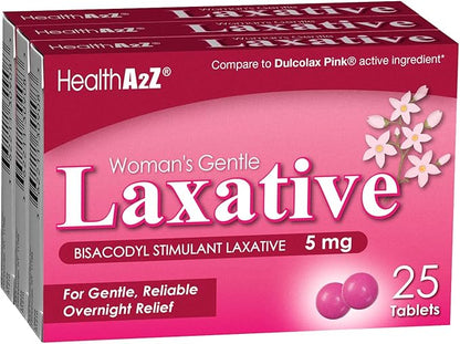 HealthA2Z® Woman's Gentle Laxative | Bisacodyl Stimulant Laxative 5mg | Constipation Relief | Gentle and Reliable | Overnight Relief (3 Pack x 25 tablest Each (75 Total))