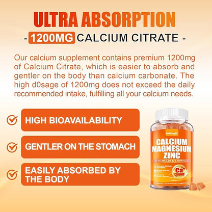 Calcium 1200 mg with Vitamin D3 Gummies for Adults - Calcium Citrate with Vitamin D3 K2, Magnesium, Zinc, Boron, Copper and Ashwagandha - Extra Absorption Calcium Supplement for Women Men
