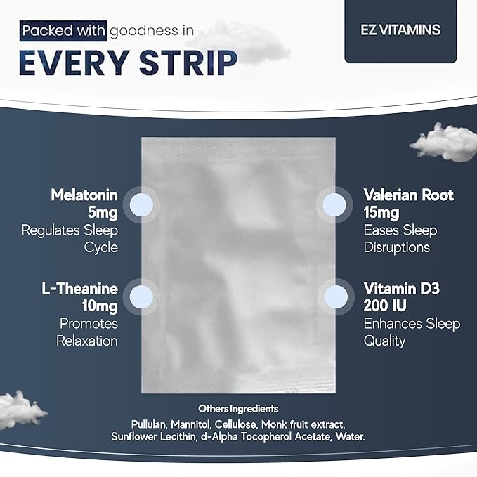 Dissolvable Oral Sleep Strips with 5mg Melatonin, Valerian Root, L-Theanine, Vitamin D3 - Sleep Support Oral Strips with Sleep Mask, Fresh Mint Flavor, No Water Needed, Works Faster Than Gummies, 30ct