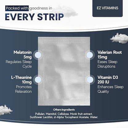Dissolvable Oral Sleep Strips with 5mg Melatonin, Valerian Root, L-Theanine, Vitamin D3 - Sleep Support Oral Strips with Sleep Mask, Fresh Mint Flavor, No Water Needed, Works Faster Than Gummies, 30ct