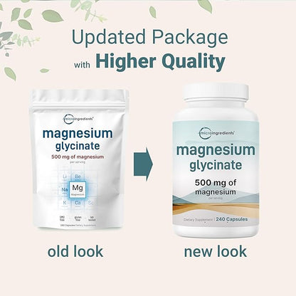 Magnesium Glycinate 500mg Per Serving, 240 Capsules | Potent Elemental Form, 100% Chelated, High Absorption | Healthy Muscle, Bones, & Mood Support Supplement | Non-GMO