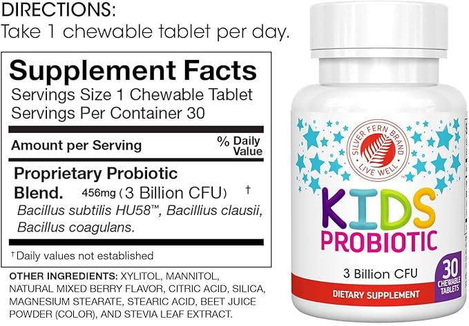 Silver Fern Brand Kids Ultimate Probiotic - 4 Bottles - 30 Chewable Tablets Each - Sugar & Gluten Free - Children's Dietary Supplement - DNA & Survivability Verified - Digestive & Immune Support
