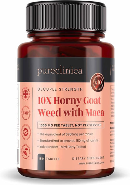 pureclinica 10X Horny Goat Weed & Maca Extract 6250mg x 180 Tablets (6 Months Supply) -10 X More Icariins - w/5mg Black Pepper Extract for 300% Increased Absorption