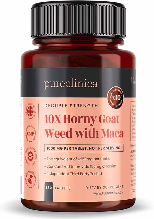pureclinica 10X Horny Goat Weed & Maca Extract 6250mg x 180 Tablets (6 Months Supply) -10 X More Icariins - w/5mg Black Pepper Extract for 300% Increased Absorption