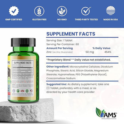 America Medic & Science Chelated Zinc 50 mg Supplements (3 Pack of 60 Tablets) Immune Booster and Powerful Antioxidant Pills for Adults Men and Women | Highly Absorbable Mineral, Improves Mood & Sleep