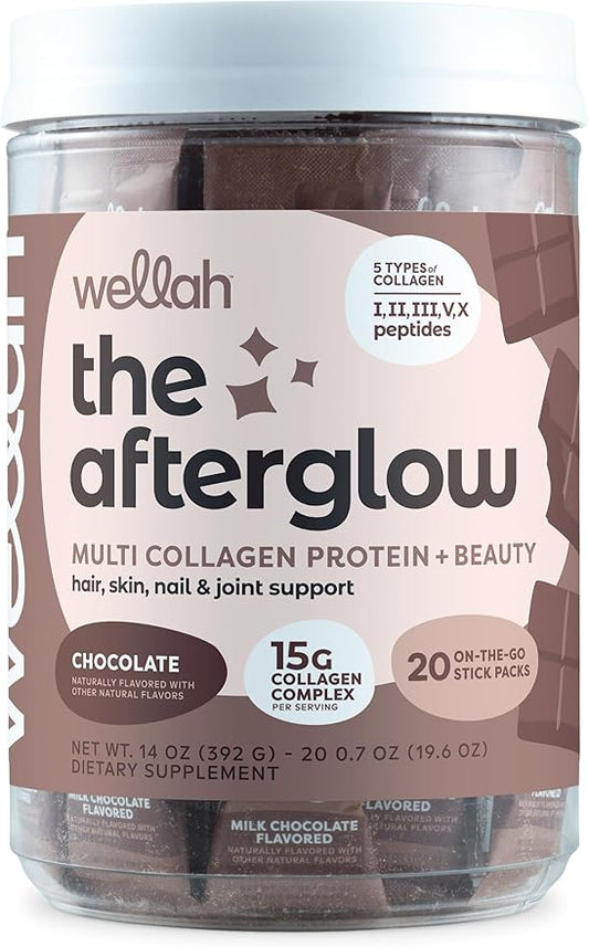 The Afterglow Multi Collagen Protein + Beauty (Chocolate) 20 Stickpacks - 15G Collagen Complex Per Serving