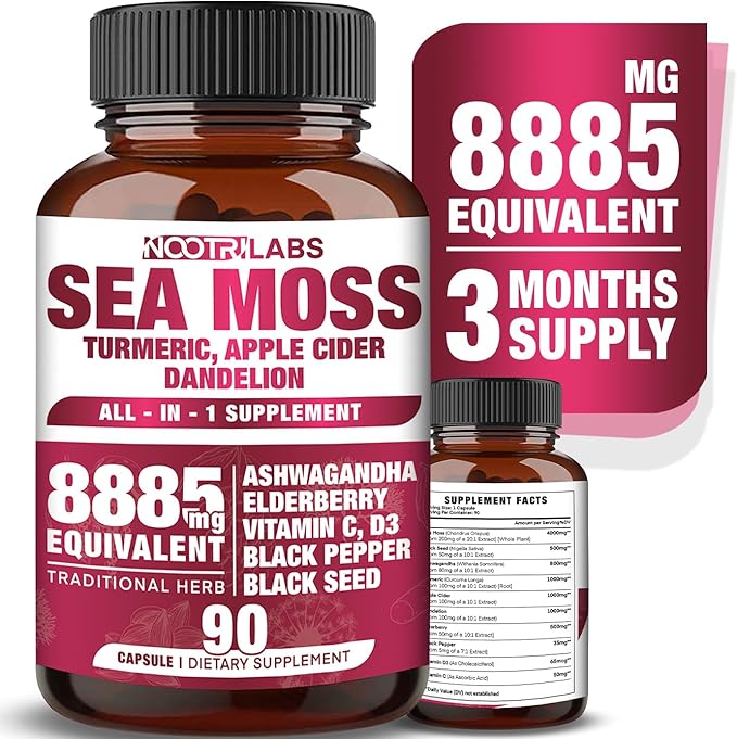 All-in-1 8885mg Highest Potency Sea Moss, Black Seed, Ashwagandha, Turmeric, Apple Cider Vinegar, Dandelion with Elderberry, Vitamin C & D3 - Immune, Energy Support Supplement - 90 Vegan Capsules