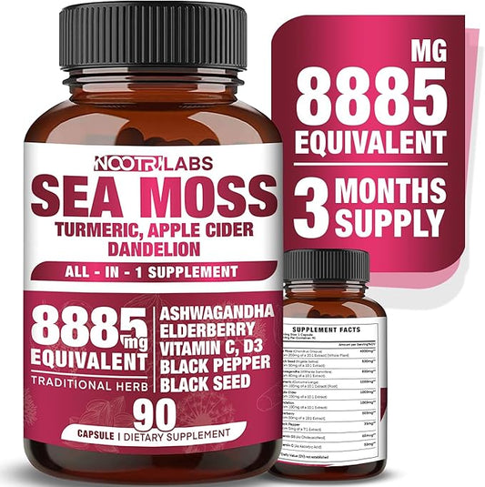 All-in-1 8885mg Highest Potency Sea Moss, Black Seed, Ashwagandha, Turmeric, Apple Cider Vinegar, Dandelion with Elderberry, Vitamin C & D3 - Immune, Energy Support Supplement - 90 Vegan Capsules