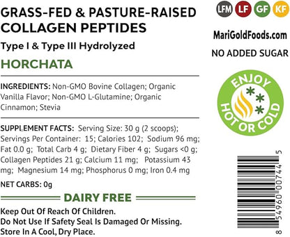 MariGold Grass-fed Collagen Peptides Protein - Horchata 1LB - 100% Pure, Type I & III Hydrolyzed Bovine Collagen, Non-GMO, Hormone Free, Dairy Free, Keto-Friendly, Healthy Joints and Skin