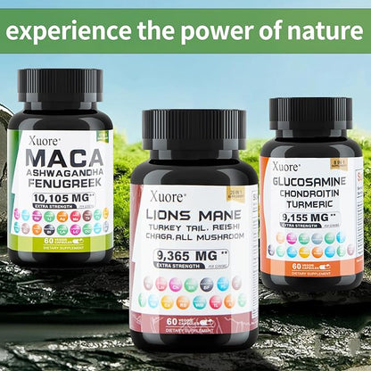 Bundle of Glucosamine,Maca,Lions Mane, Black Seed Oil, Ashwagandha, Ginger & Rhodiola Rosea, Panax Ginseng, Turkey Tail, Reishi, Cordyceps, Chaga All in 1 Supplements (1 Pack)
