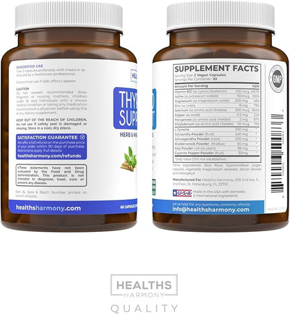 Thyroid Support with Iodine (Non-GMO) Improve Your Energy & Mood - Metabolism Booster Thyroid Health Supplement for Women and for Men - Ashwagandha, Zinc, B12 Complex - 60 Capsules