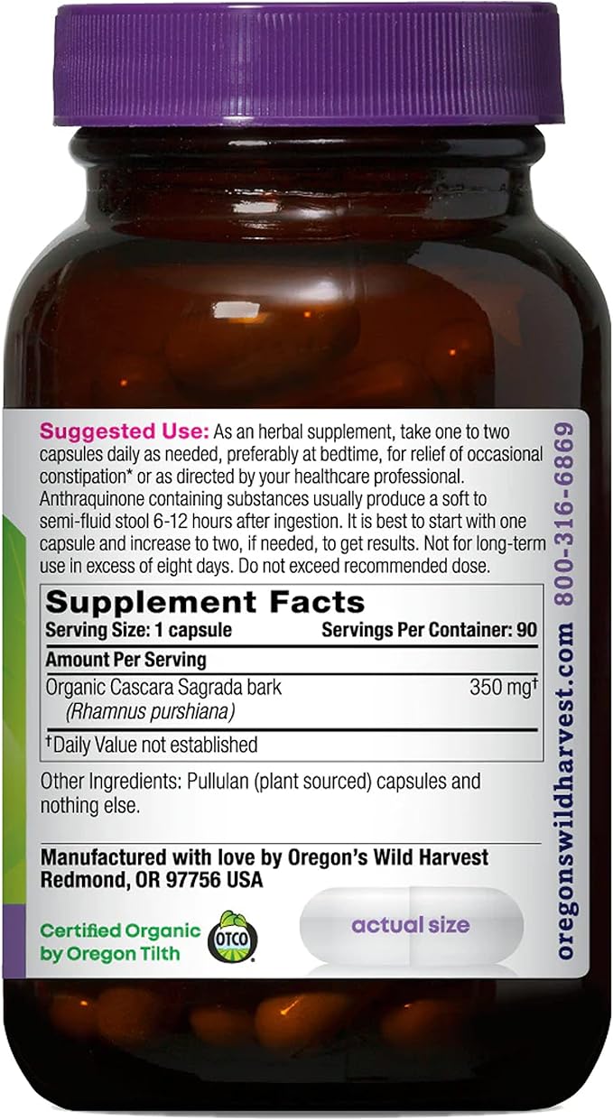 Oregon's Wild Harvest Cascara Sagrada Capsules - Organic Herbal Natural Laxative for Short-Term Constipation Relief