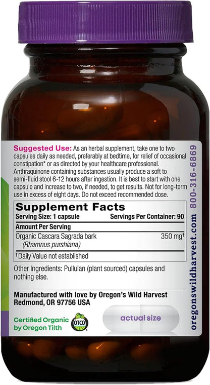Oregon's Wild Harvest Cascara Sagrada Capsules - Organic Herbal Natural Laxative for Short-Term Constipation Relief