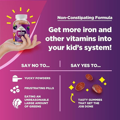 Kids Iron Gummies with Vitamin C - Blood Builder Iron Supplements for Kids with Gentle for Stronger Immunity & Energy Support - Vitamin B6, B12, A, Niacin & Folate Gummies - Vegan & GMO - 60 Count