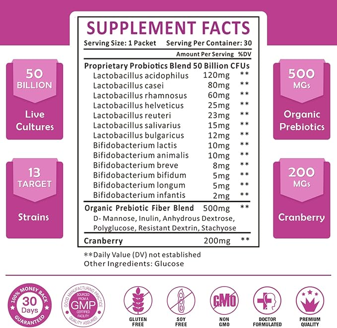 Probiorics for Women Probiotics Powder 50 Billion CFUs 13 Strain, Women's Probiotics with Prebiotics for Digestive Health and Immune Support, Cranberry for Urinary & Vaginal Health 30-Day-Supply