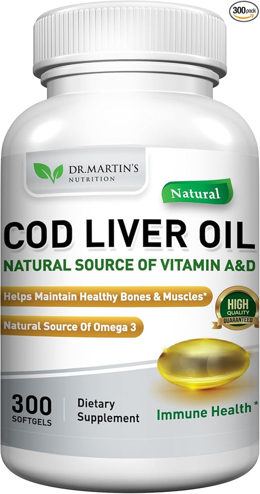 COD Liver Oil | 300 Softgels | Natural Source of Omega 3 Fatty Acids | Triple Strength | Best Immune Health, Healthy Bones & Muscles Dietary Supplement |