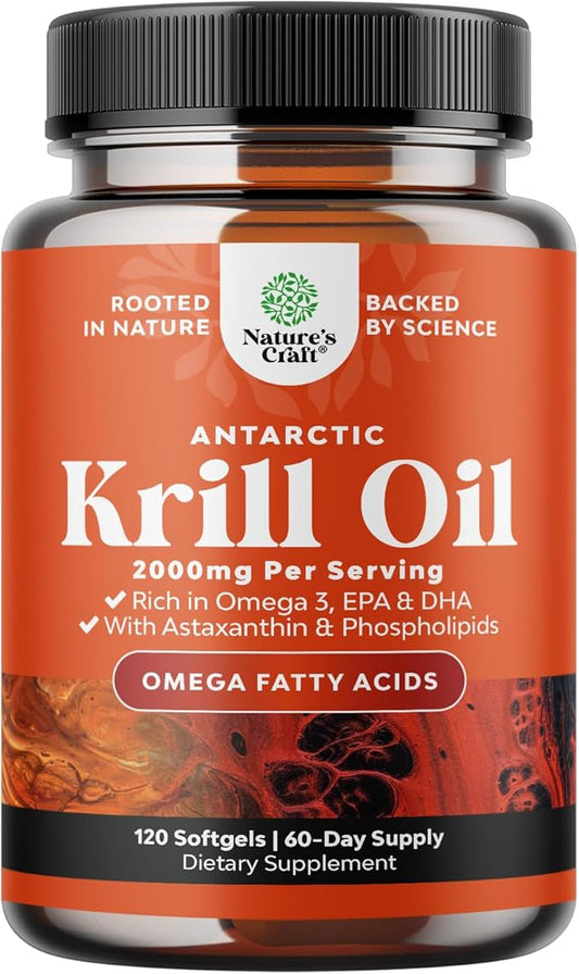 Antarctic Krill Oil 2000mg Softgels Per Serving - Omega 3 Krill Oil Supplement with EPA DHA & Astaxanthin for Brain Joint & Heart - 3rd Party Lab Tested No Gluten GMOs or Fishy Aftertaste - 2 Months