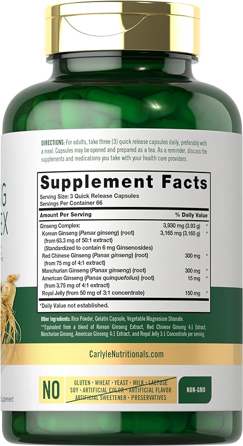 Carlyle Ginseng Complex Capsules | 200 Count | Non-GMO and Gluten Free Extract | Traditional Herbal Root Supplement