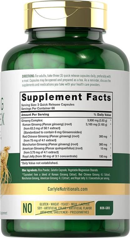 Carlyle Ginseng Complex Capsules | 200 Count | Non-GMO and Gluten Free Extract | Traditional Herbal Root Supplement