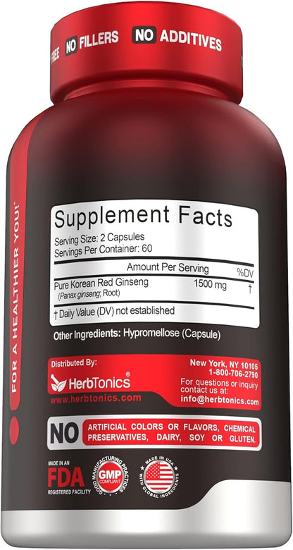 Herbtonics Korean Red Panax Ginseng 1500mg - Energy Supplement for Peak Performance, Focus & Vitality - High Potency Ginseng Root Extract - 120 Vegan Capsules