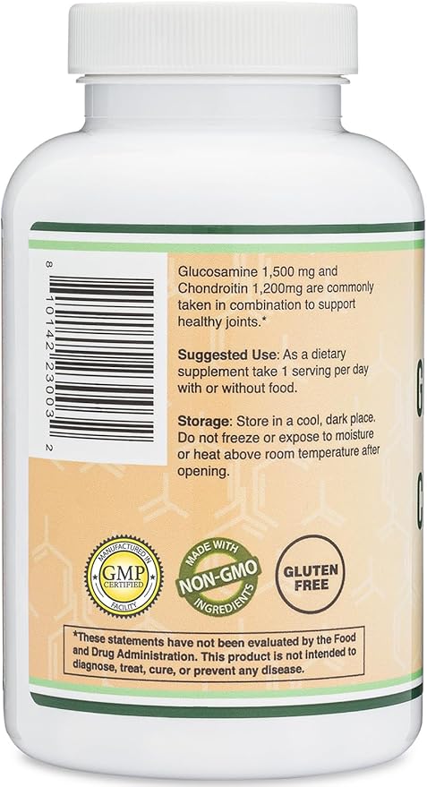 Glucosamine Chondroitin Triple Strength (1,500mg Glucosamine Sulfate, 1,200mg Chondroitin) 180 Tablets, Two Month Supply (Joint Support Supplement) Gluten Free, Non-GMO by Double Wood