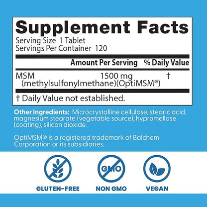 Doctors Best MSM, Supports Hair, Skin, Nails, & Joints, Non-GMO, Gluten Free, Vegan 120 Tablets