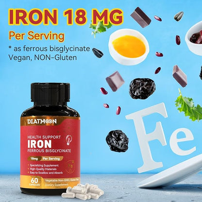 Iron Supplement, High Potency Iron 18 mg, as Ferrous Bisglycinate, for Women & Men, Easily Absorbed, Non-Gluten, GMOs-Free, 60 Count Veg Capsules (Pack of 2)
