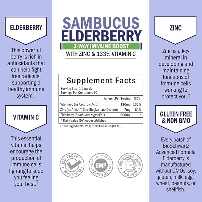Elderberry Capsules with Zinc and Vitamin C for Adults - Immune Support Vitamins for Women and Men - Black Sambucus Elderberry Vitamin C and Zinc - Immune Defense Multiminerals Supplement, 60 Count